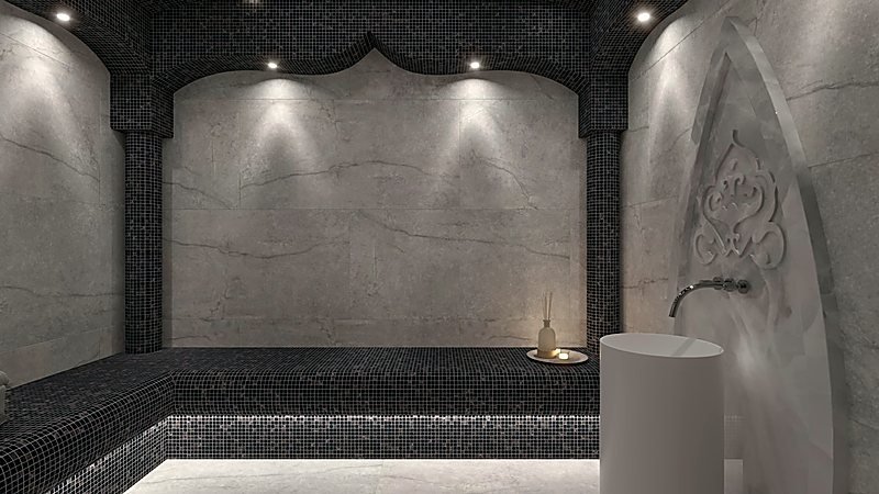 Turkish Hamam chamber with marble arches and heated bathing platform